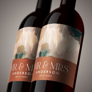 Terracotta teal Mr Mrs thank you wedding painterly Weinetikett