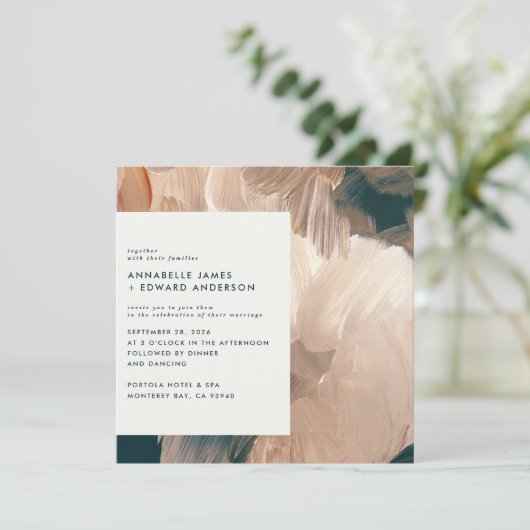 Terracotta teal painterly modern stylish wedding save the date (Stehend Vorderseite)