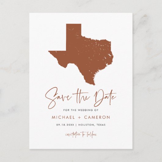 Terracotta Texas Staat Karte QR-Code Save the Date (Vorderseite)
