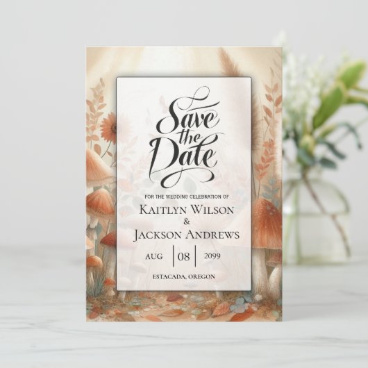 Terracotta Toadstool Magic Wedding Save The Date (Stehend Vorderseite)