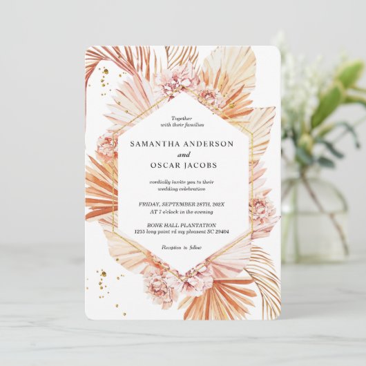 Terracotta-Trockenpalmblättriger Orangenrahmen Einladung (Stehend Vorderseite)