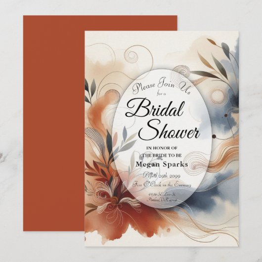 Terracotta Twilight and Navy Blooms Brautparty Einladung (Vorne/Hinten)