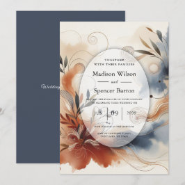 Terracotta Twilight und Navy Blooms Hochzeit Einladung