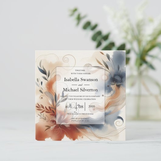 Terracotta Twilight und Navy Blooms Hochzeit Einladung (Stehend Vorderseite)