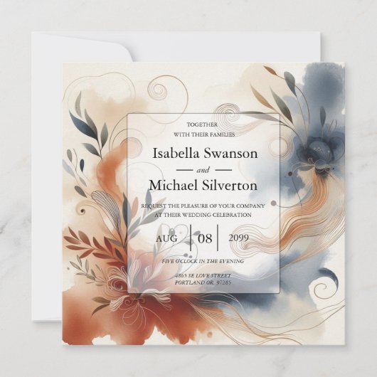 Terracotta Twilight und Navy Blooms Hochzeit Einladung (Vorderseite)