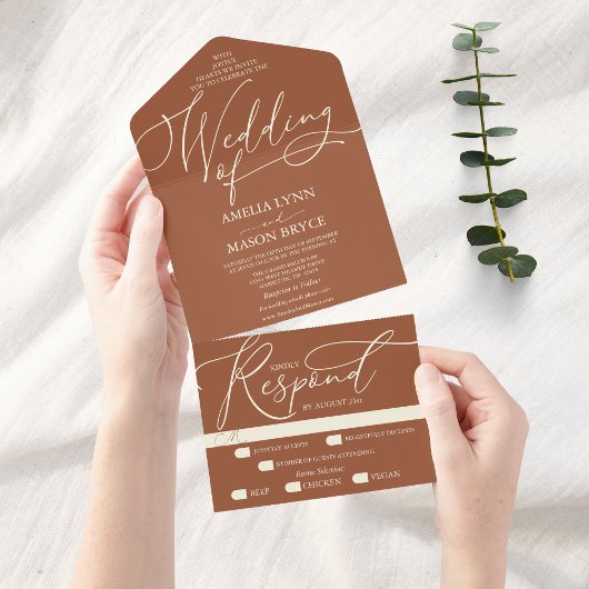 Terracotta und Cream Calligraphy Script Wedding All In One Einladung