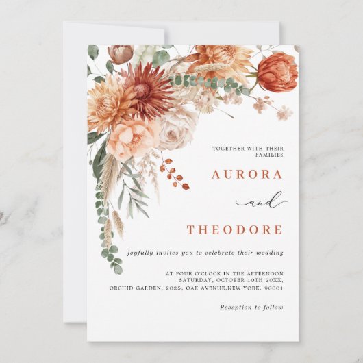 Terracotta und Emerald Green Rustic Floral Wedding Einladung (Vorderseite)