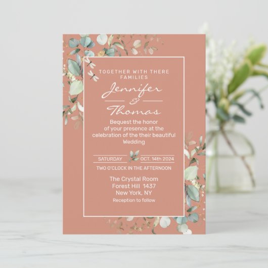 Terracotta und Grüne Blätter Einladung Hochzeit (Stehend Vorderseite)