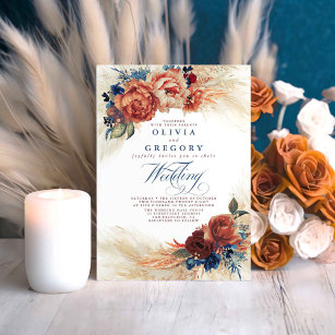 Terracotta und Navy Blue Floral Elegante Hochzeit Einladung