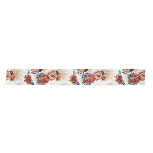 Terracotta und Navy Blue Pampas Grass Floral Boho Satinband (Vorderseite)