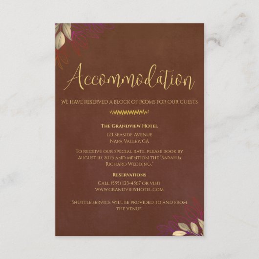 Terracotta Velvet Hochzeitsunterkunft & Details Begleitkarte (Vorderseite)
