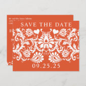 Terracotta Viktorianisch Floral Damask Save the Da Ankündigungspostkarte (Vorne/Hinten)