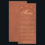 Terracotta Watercolor Blätter Menükarte<br><div class="desc">Dieses wunderschöne Hochzeitsmenü besticht durch ein rustikales Design mit marmoriertem Terrakotta-Hintergrund, einem Schriftstil und handbemalten Aquarellfarben-Blätter. Der Text ist komplett anpassbar mit Platz für den Namen und das Hochzeitstag des Paares am Ende. Elegant, stilvoll und schick, ist diese Karte eine großartige Möglichkeit, um Ihrem Hochzeitsempfang Klasse und Stil hinzuzufügen, während...</div>