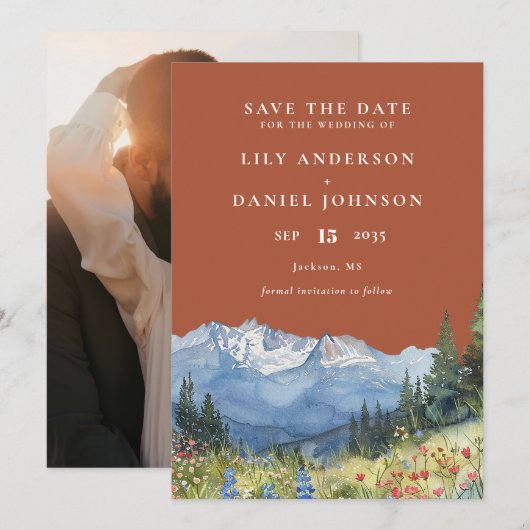 Terracotta Watercolor Mountain Photo Wedding Save The Date (Vorne/Hinten)