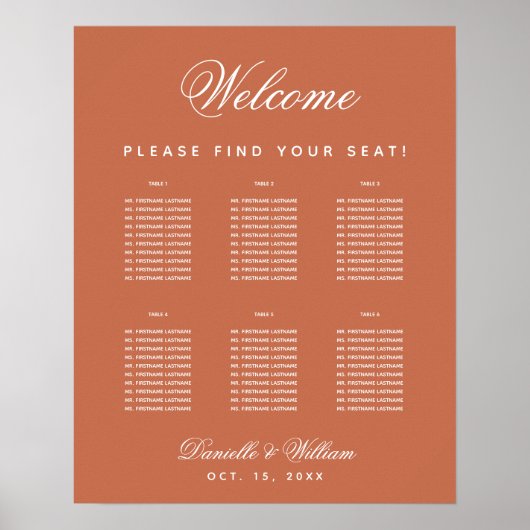 Terracotta Wedding 6 Table Simple Seating Chart Poster (Vorne)