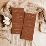 Terracotta Wedding Dinner Food Menu | Lasst uns es<br><div class="desc">Dieses schöne Wedding Menu bietet handgeschriebene Kalligraphie mit minimalistischer moderner Gestaltung - ein perfekter Akzent für Ihre Hochzeit oder besondere Veranstaltung. Nutzen Sie dieses Menü für jeden Anlass, egal ob Hochzeit, Brautdusche oder Babydusche, Verlobungsfeier, Party für den Ruhestand... was Sie wollen! Editieren Sie einfach *most* nach Ihren Wünschen! ALLE Farben...</div>
