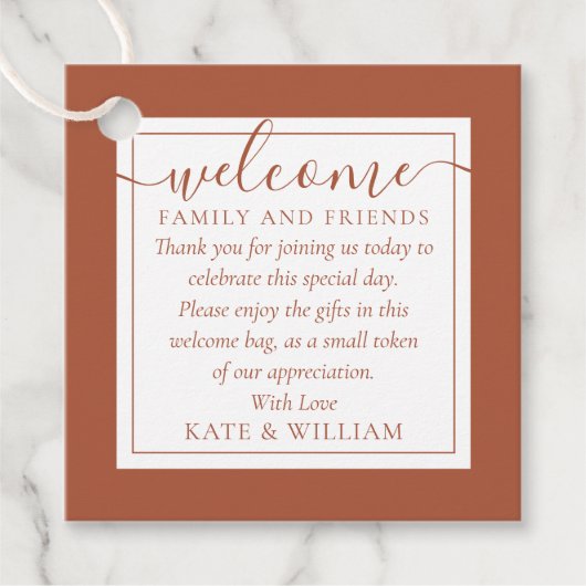 Terracotta Wedding Willkommensgeschenk Beutel Geschenkanhänger (Vorderseite)