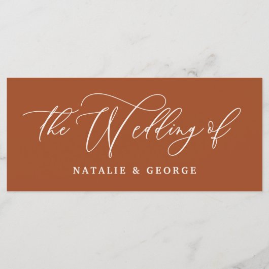 Terracotta weiße Skript die Hochzeit von Schild Me Menükarte (Rückseite)