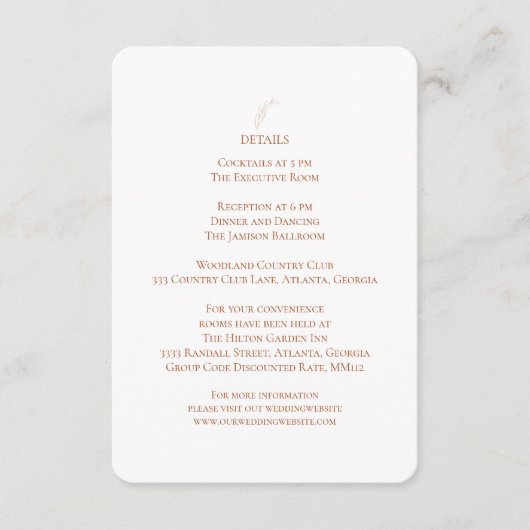 Terracotta Weißes Hochzeitsempfang Details Begleitkarte (Vorderseite)