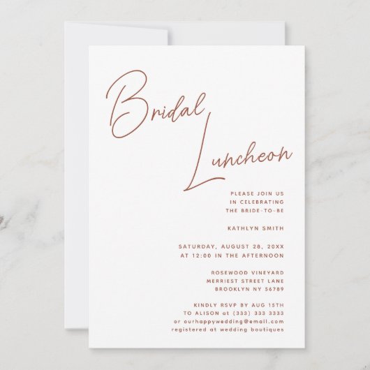 Terracotta Whimsical Script Chic Bridal Luncheon Einladung (Vorderseite)