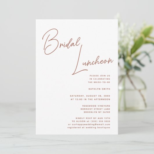 Terracotta Whimsical Script Chic Bridal Luncheon Einladung (Stehend Vorderseite)