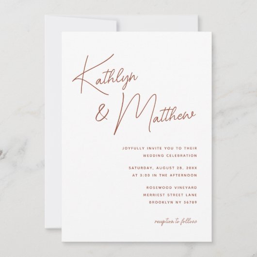 Terracotta Whimsical Script Minimalistisch Wedding Einladung (Vorderseite)