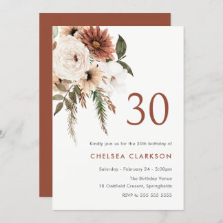 Terracotta & White Boho Floral 30. Geburtstag Part Einladung