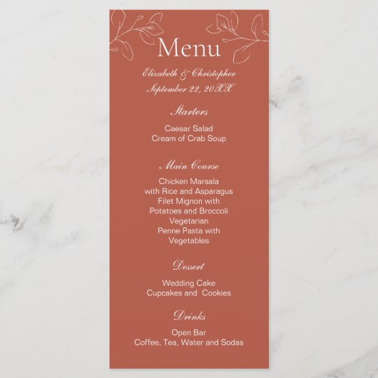 Terracotta White Floral Botanical Wedding Menu Menükarte (Vorderseite)
