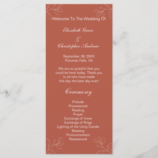 Terracotta White Floral Botanical Wedding Program Menükarte (Vorderseite)