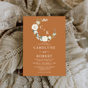 Terracotta & White Floral Monogram Wreath Wedding Einladung