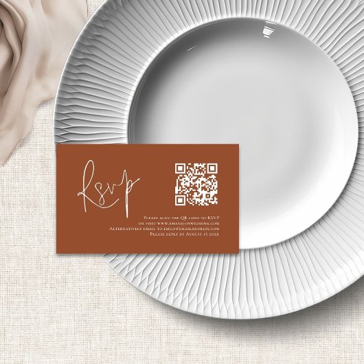 Terracotta White Script QR Code Wedding RSVP Begleitkarte