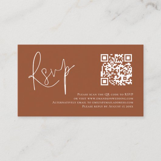 Terracotta White Script QR Code Wedding RSVP Begleitkarte (Vorderseite)