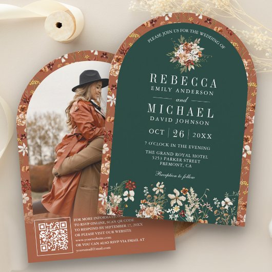 Terracotta Wildblume Emerald Green Arch Wedge Einladung