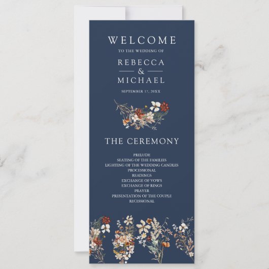 Terracotta Wildblume Navy Blue Wedding Program (Vorderseite)