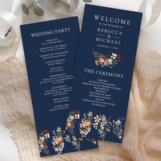 Terracotta Wildblume Navy Blue Wedding Program