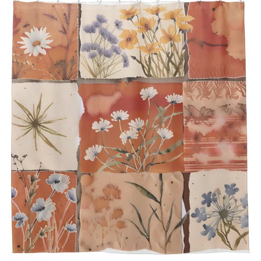 Terracotta Wildblume Patchwork Boho Rustikaler Frü Duschvorhang (Vorderseite)