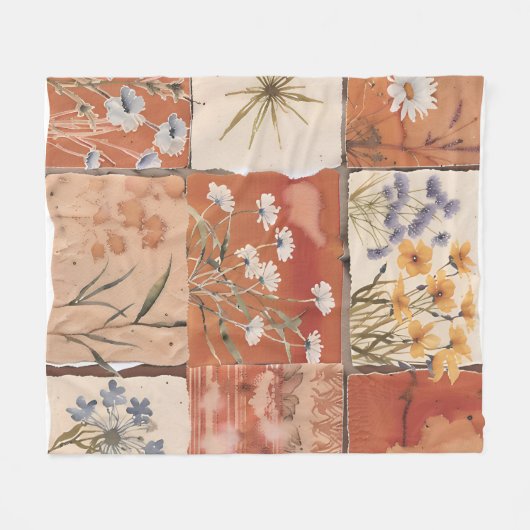 Terracotta Wildblume Patchwork Rustic Boho Spring Fleecedecke (Vorderseite (Horizontal))