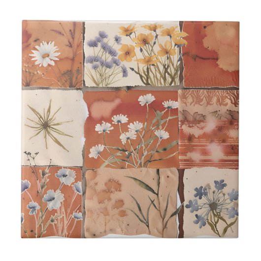 Terracotta Wildblume Patchwork Rustic Boho Spring Fliese (Vorderseite)