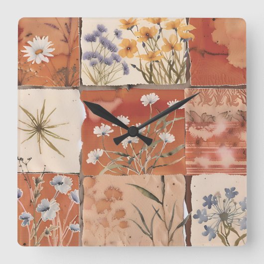 Terracotta Wildblume Patchwork Rustic Boho Spring Quadratische Wanduhr (Vorderseite)
