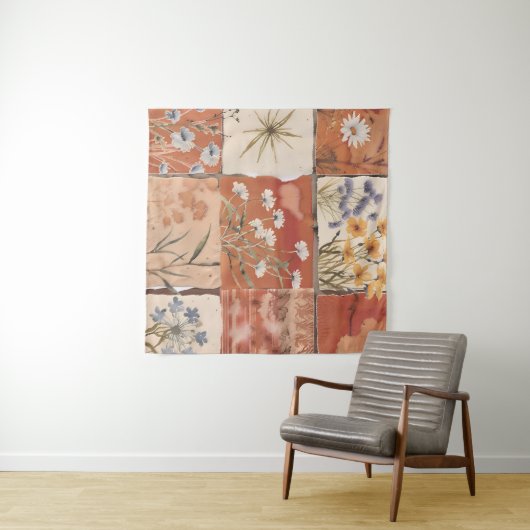 Terracotta Wildblume Patchwork Rustic Boho Spring Wandteppich (Beispiel (Horizontal))