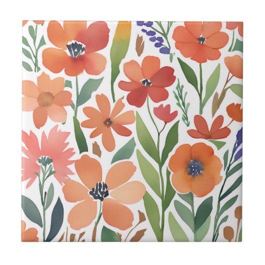 Terracotta-Wildblume Rustic Boho Wall Akzent Fliese (Vorderseite)