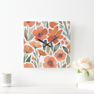 Terracotta-Wildblume Rustic Boho Wall Akzent Quadratische Wanduhr