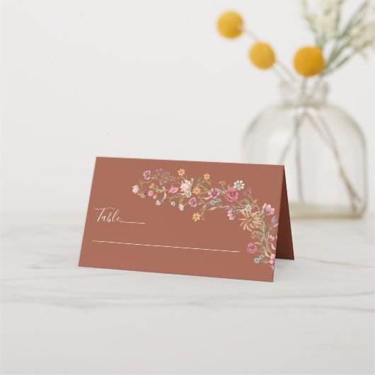 Terracotta-Wildblumen Hochzeitsgefaltete Platzkart Platzkarte (Vorderseite)