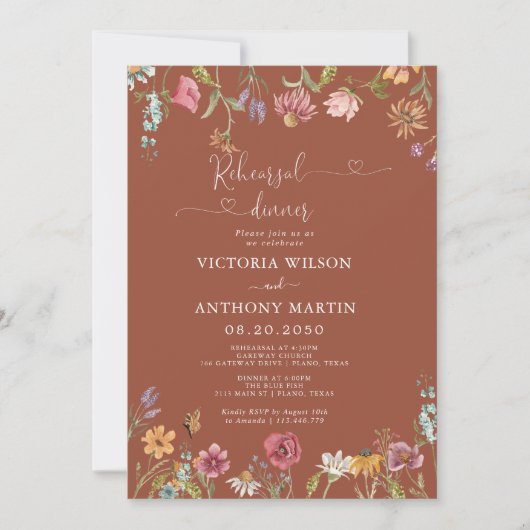 Terracotta Wildblumen Probe Abendessen Einladung (Vorderseite)