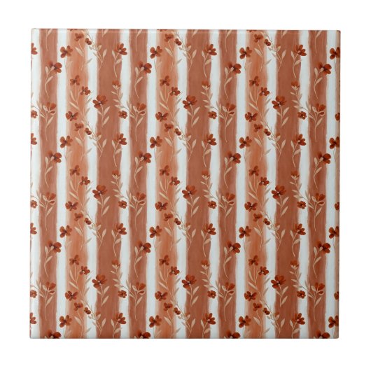 Terracotta Wildflower Vertical Stripe Boho Pattern Fliese (Vorderseite)