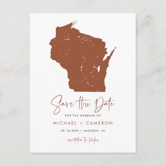 Terracotta Wisconsin Karte QR-Code Save the Date (Vorderseite)