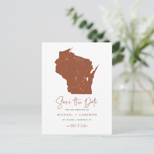 Terracotta Wisconsin Karte QR-Code Save the Date (Stehend Vorderseite)