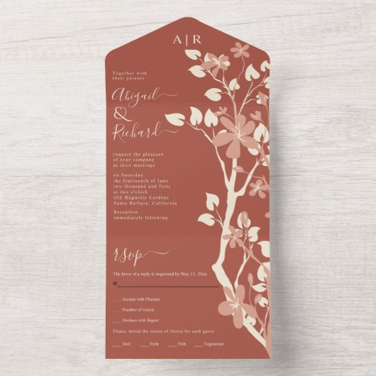 Terracotta Zweig mit Blume Initialen Hochzeit All In One Einladung (Innen Boden)