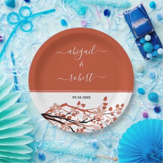 Terracotta Zweig mit dunkelpfirsichfarbenen Blume Pappteller (Party)