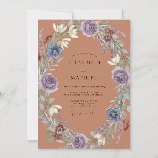 Terrakotta-Amethyst-Kranz-Hochzeit Einladung (Vorderseite)
